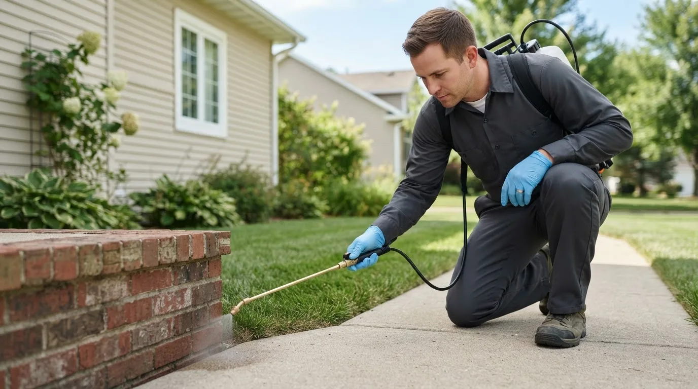 Pest control technician treating a home near Chestnut Hill, MA